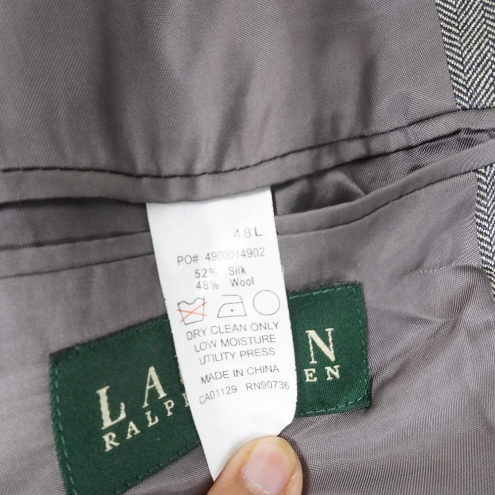 Lauren Ralph Lauren Blazer 48L Gray Herringbone Silk Wool Classic Sport Coat Men